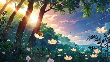 A serene forest scene with glowing flowers. The ethereal light and vibrant colors create a magical, tranquil atmosphere. Perfect for a fantasy or nature-themed setting. video