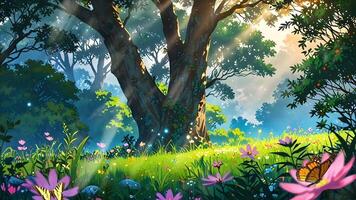 A serene forest scene with glowing flowers. The ethereal light and vibrant colors create a magical, tranquil atmosphere. Perfect for a fantasy or nature-themed setting. video