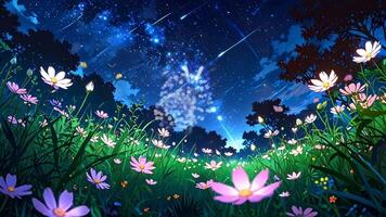 A serene forest scene with glowing flowers. The ethereal light and vibrant colors create a magical, tranquil atmosphere. Perfect for a fantasy or nature-themed setting. video