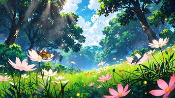 A serene forest scene with glowing flowers. The ethereal light and vibrant colors create a magical, tranquil atmosphere. Perfect for a fantasy or nature-themed setting. video