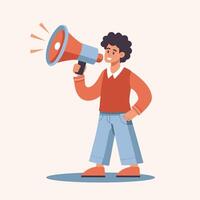 Speaker with megaphone, loudspeaker. Man with megaphone in hand, announcement, call, advertisement, information. vector