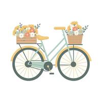 Retro bicycle with colorful flowers in crate and basket. Hand drawn bike on white background. Illustration in flat style. vector