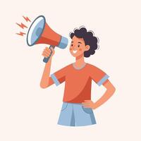 Happy man with megaphone, loudspeaker. Speaker with megaphone in hand. Illustration vector