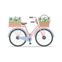 Retro bicycle with spring flowers snowdrops in crate and basket. Greeting card. Flat style illustration. vector