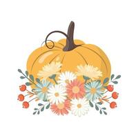 Cute autumn composition of pumpkin with flowers, berries and leaves. Seasonal harvest design for Thanksgiving. Flat style illustration. vector
