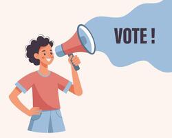 Man with megaphone, loudspeaker in hand. Voting and elections concept. Illustration in flat style vector