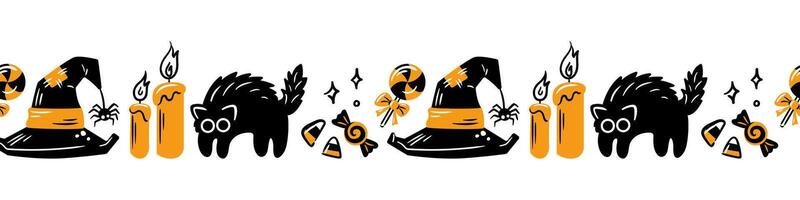 Charming Halloween art with an adorable black cat and glowing candles, perfect for the season. Horizontal seamless border, kawaii style. For wallpaper, fabric, wrapping, background. vector