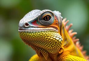 An iguana close up with bright red, orange, blue, green and yellow colors with beautiful blurred background photo