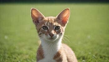 Cute orange cat on green grass background mobile phone with green screen photo
