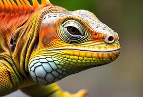 An iguana close up with bright red, orange, blue, green and yellow colors with beautiful blurred background photo
