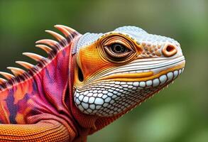 An iguana close up with bright red, orange, blue, green and yellow colors with beautiful blurred background photo