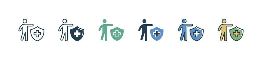 health insurance icon set people holding shield with cross sign illustration for web and app vector
