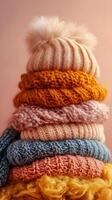 Stacked Knitted Hats and Scarves in Warm Autumnal Tones photo