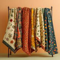 Vibrant Patchwork Quilt Draped on Metal Frame Showcasing Colorful Vintage Textile Designs photo