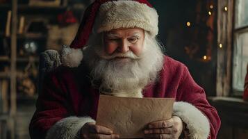 Santa Claus reading letters from children at his North Pole workshop cozy Christmas with festive photo