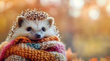 Cozy Autumn Hedgehog Nestled in Warm Textured Sweater in Tranquil Forest Scene photo