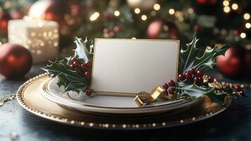 Christmas Table Setting with Blank Card and Holly photo