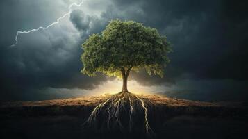 A lone tree stands tall against a stormy sky, its roots reaching deep into the ground. The lightning strikes in the distance, but the tree remains strong and steadfast photo