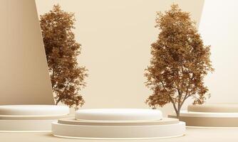 Product display podium geometric shape with nature leaves on white background. 3D rendering photo