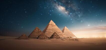 The pyramids of Giza are lit up by the moon and stars, creating a serene by image photo