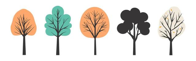 Tree and leaf collection hand drawn flat design element. botanical set of bare trees and ones with leaves and lush limited pastel color vector