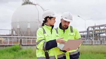 Two engineer working Industry in oil refinery equipment Check and check the condition of the machinery system , Engineering concept. video
