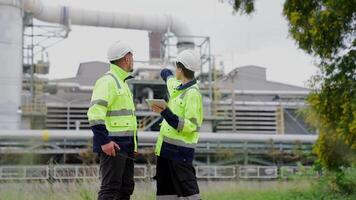 Two engineer working Industry in oil refinery equipment Check and check the condition of the machinery system , Engineering concept. video