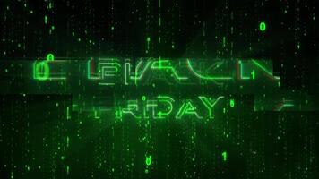 Green Matrix effect Black Friday animation with glitch effect and epic Cyber Deals on black friday deals or cyber monday with cyber deals and light rays for advertising green matrix background video