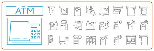 E-payment, E-wallet, Card Machine, ATM, QR Code, Credit card, Online Banking and Hand with card line icon set. vector