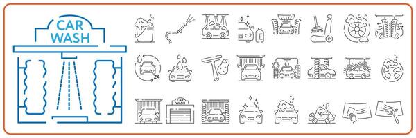 Car wash line icon. Automatic cleaning station linear signs. Bucket with foam bubbles, sponge and spray flat line icons. set. vector