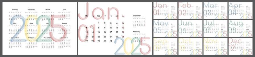 Desktop or wall horizontal calendar template for 2025. Set of 12 pages and cover. English, A4. vector