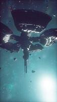 high-tech space station explores a cosmic cloud of interstellar dust, vertical video