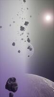 a large cluster of asteroids near an unknown planet, vertical video
