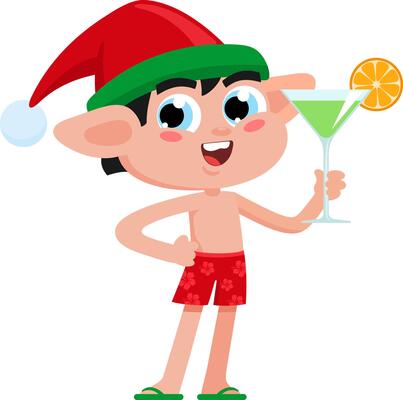 Happy Christmas Elf Cartoon Character Drinking Cocktail On The Beach