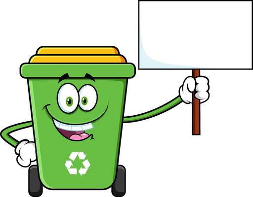 Green Recycle Trash Bin Cartoon Character Holding Up A Blank Sign