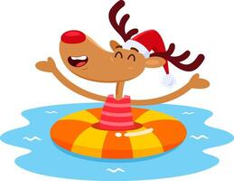 Happy Christmas Reindeer Cartoon Character With Inflatable Ring On Water vector