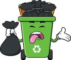 Green Recycle Trash Bin Cartoon Character Full With Garbage vector