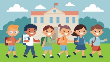 a group of diverse children happily walking towards a school building, carrying backpacks and books. vector
