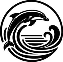 A dolphin in mid-leap, passing through a stylized ring of waves. vector
