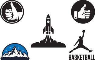 A set of different type of logo like mountain, basketball rocket and thumps up vector