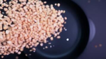 Peas fall into a frying pan in very slow motion on a dark background video