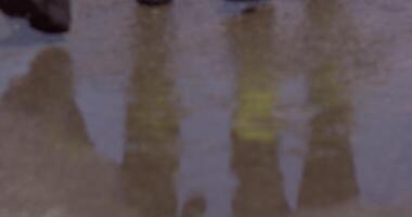 The reflection in water reveals a team of specially equipped firefighters coordinating and embarking on a high-risk, life-saving mission to rescue people in distress, showcasing their unwavering video