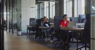 Two young business colleagues walking through a modern startup office and engaging in a dynamic discussion about various business challenges. video