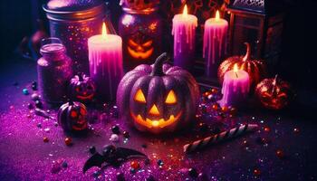 Purple Halloween Background with Pumpkin Head Jack Lantern with Burning Candles. A bright festive composition for your designs. photo
