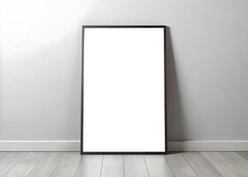 Empty Vertical Frame Mockup for Wall Art and Poster Against Grey Wooden Background photo