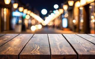 wooden empty table mockup on bokeh background photo