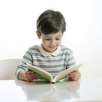Cute a little boy writing a book on the table with on white background photo