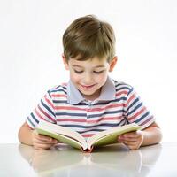 Cute a little boy writing a book on the table with on white background photo