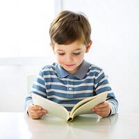 Cute a little boy writing a book on the table with on white background photo