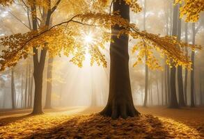 Autumn Background With Tree And Sunlight Golden Leaves With Rays Of Light In Foggy Forest photo